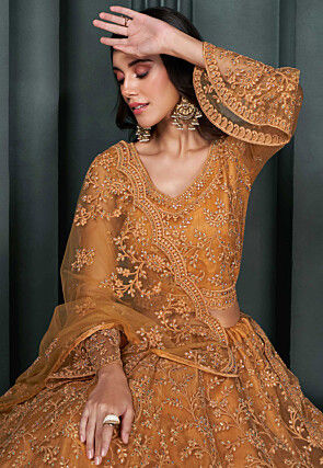 Embroidered Net Lehenga in Orange