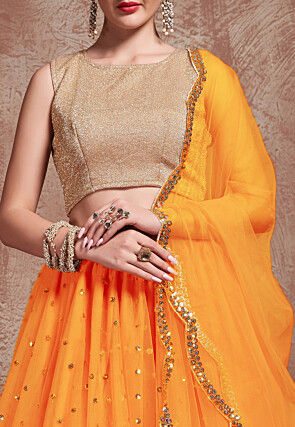 Embroidered Net Lehenga in Orange