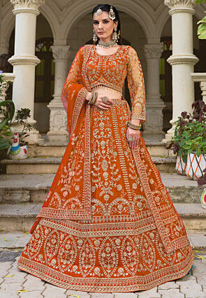 Embroidered Net Lehenga in Orange