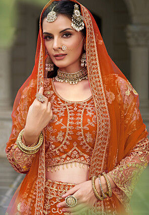 Embroidered Net Lehenga in Orange