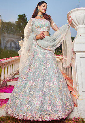 PASTEL BLUE EMBROIDERED NET LEHENGA