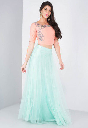 Embroidered Net Lehenga in Pastel Blue