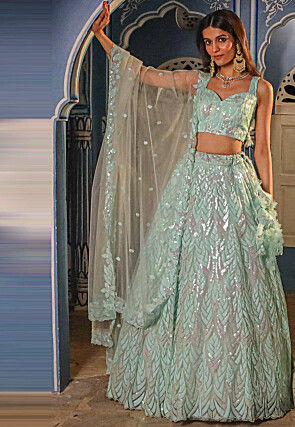 Embroidered Net Lehenga in Pastel Blue