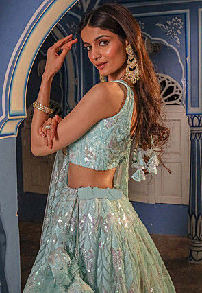 Embroidered Net Lehenga in Pastel Blue