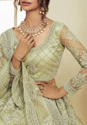 Embroidered Net Lehenga in Pastel Green