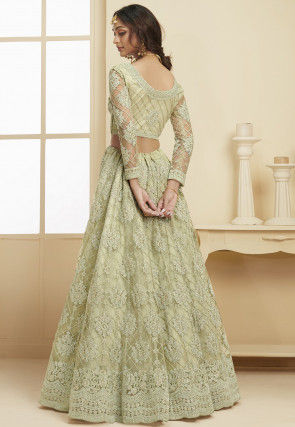 Embroidered Net Lehenga in Pastel Green