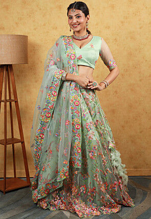 Embroidered Net Lehenga in Pastel Green
