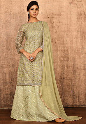 Embroidered Net Lehenga in Pastel Green