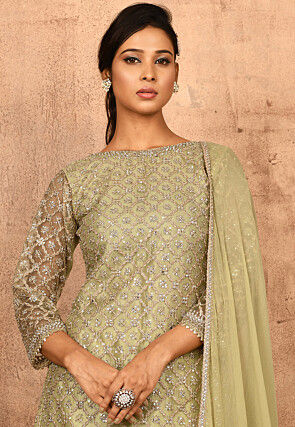 Embroidered Net Lehenga in Pastel Green