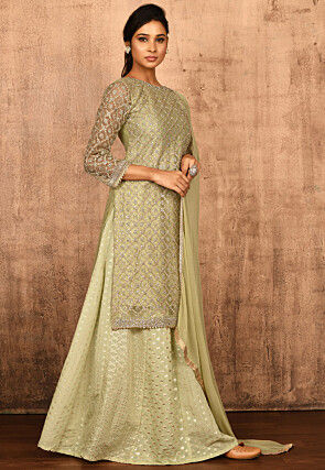 Embroidered Net Lehenga in Pastel Green