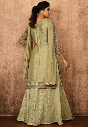Embroidered Net Lehenga in Pastel Green