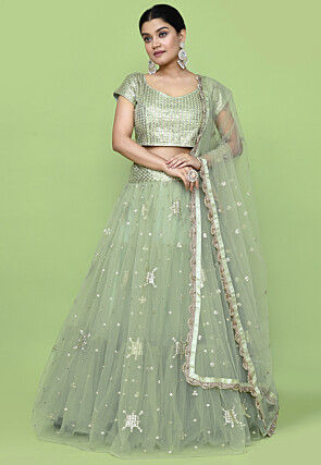 Embroidered Net Lehenga in Pastel Green