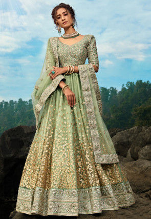 Embroidered Net Lehenga in Pastel Green