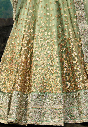 Embroidered Net Lehenga in Pastel Green