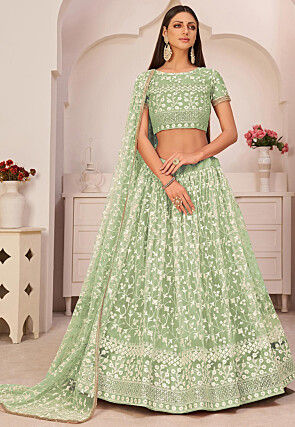 Embroidered Net Lehenga in Pastel Green