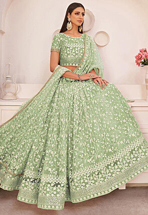 Embroidered Net Lehenga in Pastel Green