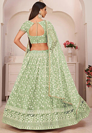 Embroidered Net Lehenga in Pastel Green