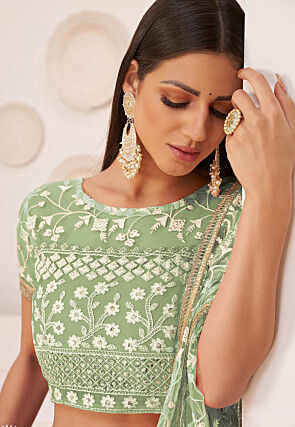 Embroidered Net Lehenga in Pastel Green
