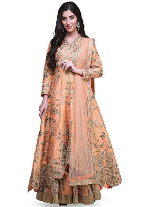Embroidered Net Lehenga in Pastel Orange