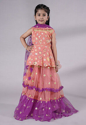 Embroidered Net Lehenga in Peach and Purple