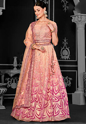 Embroidered Net Lehenga in Peach