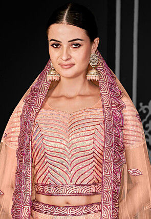 Embroidered Net Lehenga in Peach