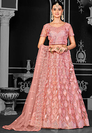 Embroidered Net Lehenga in Peach