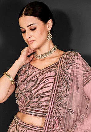 Embroidered Net Lehenga in Peach