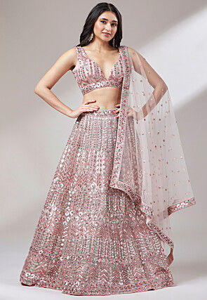 Embroidered Net Lehenga in Peach