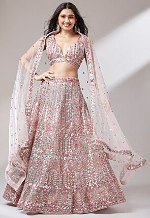 Embroidered Net Lehenga in Peach
