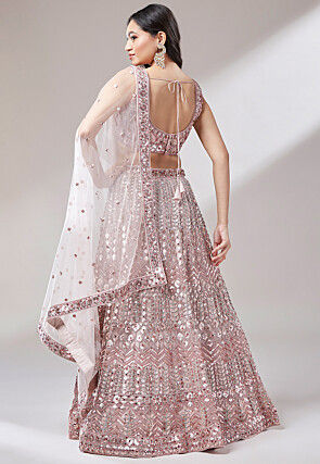 Embroidered Net Lehenga in Peach