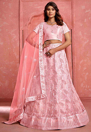 Embroidered Net Lehenga in Peach