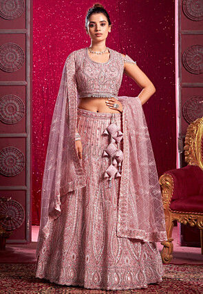 Embroidered Net Lehenga in Pink