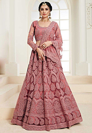 Embroidered Net Lehenga in Peach