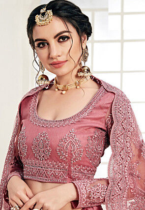 Embroidered Net Lehenga in Peach