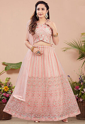 Embroidered Net Lehenga in Peach