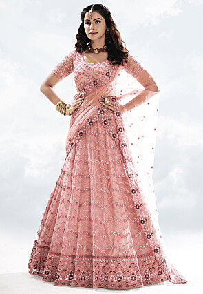Embroidered Net Lehenga in Peach