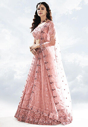 Embroidered Net Lehenga in Peach