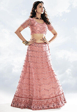 Embroidered Net Lehenga in Peach