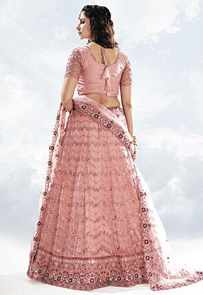 Embroidered Net Lehenga in Peach