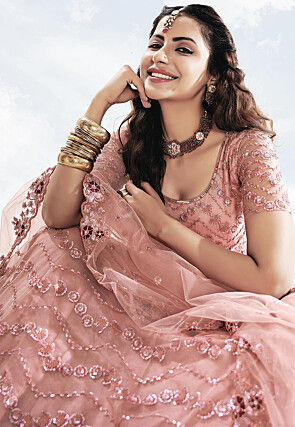 Embroidered Net Lehenga in Peach
