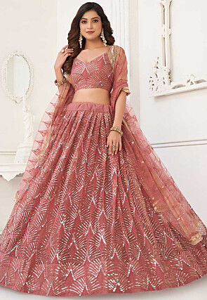 Embroidered Net Lehenga in Peach