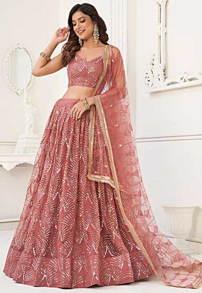 Embroidered Net Lehenga in Peach