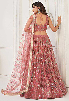 Embroidered Net Lehenga in Peach