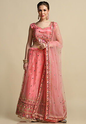 Embroidered Net Lehenga in Peach