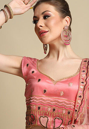 Embroidered Net Lehenga in Peach