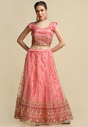 Embroidered Net Lehenga in Peach