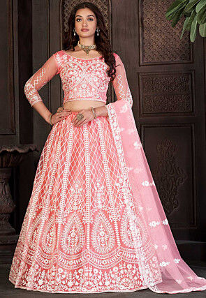 Embroidered Net Lehenga in Peach