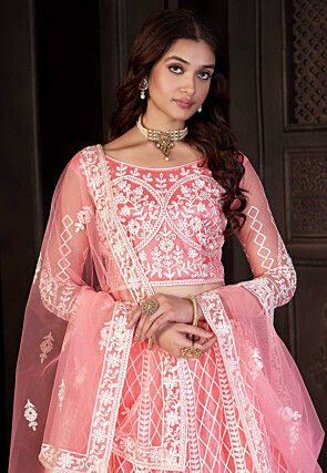 Embroidered Net Lehenga in Peach