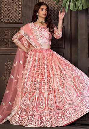 Embroidered Net Lehenga in Peach